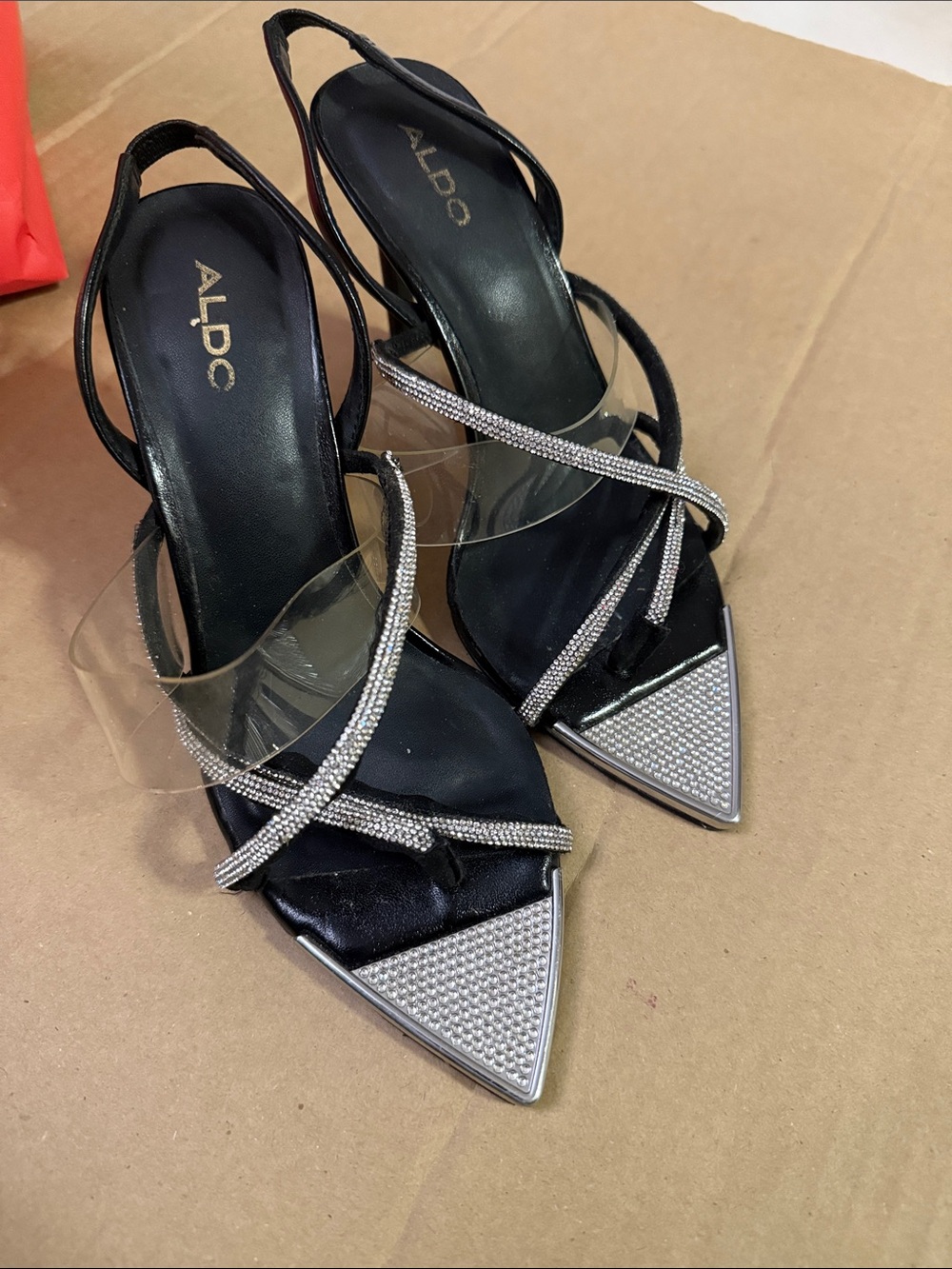 ALDO Black Slingback Heels with Clear Straps and Silver Rhinestones